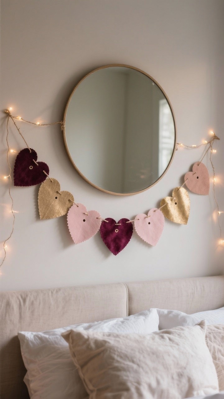 Photorealistic wide shot of a chic bedroom headboard wall with a layered paper-and-fabric heart garland draped across a large round mirror. Hearts come in two sizes: blush, wine, and soft gold metallic scrapbook papers layered with linen, velvet, and felt fabric hearts. Each heart has two punched holes and is strung on thin baker’s twine, spaced 3–4 inches apart, alternating colors and textures for a designer look. Add a subtle strand of fairy lights interwoven for a soft sparkle. Neutral walls, minimal decor, gentle evening lighting. Focus on the garland’s handcrafted details without feeling cheesy.
