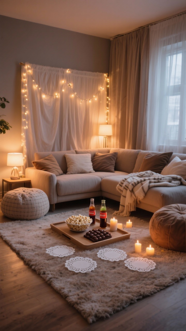Photorealistic wide shot of a cozy movie-night nook: living room with layered seating including floor pillows, poufs, and folded blankets around a sofa; a tray with popcorn, chocolates, and fizzy drinks, decorated with white paper doilies; ambient lighting from dim lamps, fairy lights, and a few low battery candles; a soft rug underfoot to improve acoustics; a lightweight curtain or sheet hung behind the sofa to create a cocoon effect. Warm, intimate cinema-like glow, corner angle.