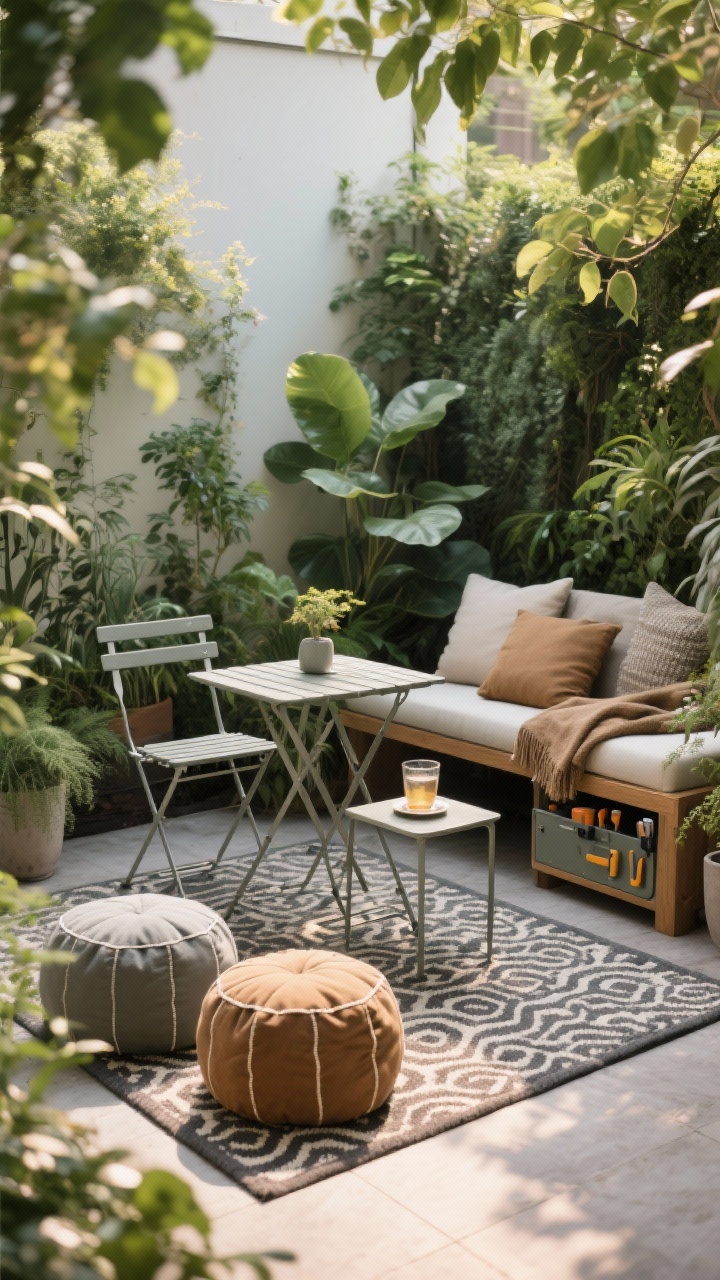 Photorealistic wide shot of a cozy seating nook tucked among greenery: a foldable bistro set in muted metal, outdoor poufs on a patterned weatherproof rug, and a bench with storage for tools subtly closed; plants placed around and behind seating for a cocoon effect. Add outdoor cushions and a washable throw in earthy tones; a compact side table set for a drink. Soft late-afternoon natural light filtering through leaves; straight-on perspective showing the micro lounge.