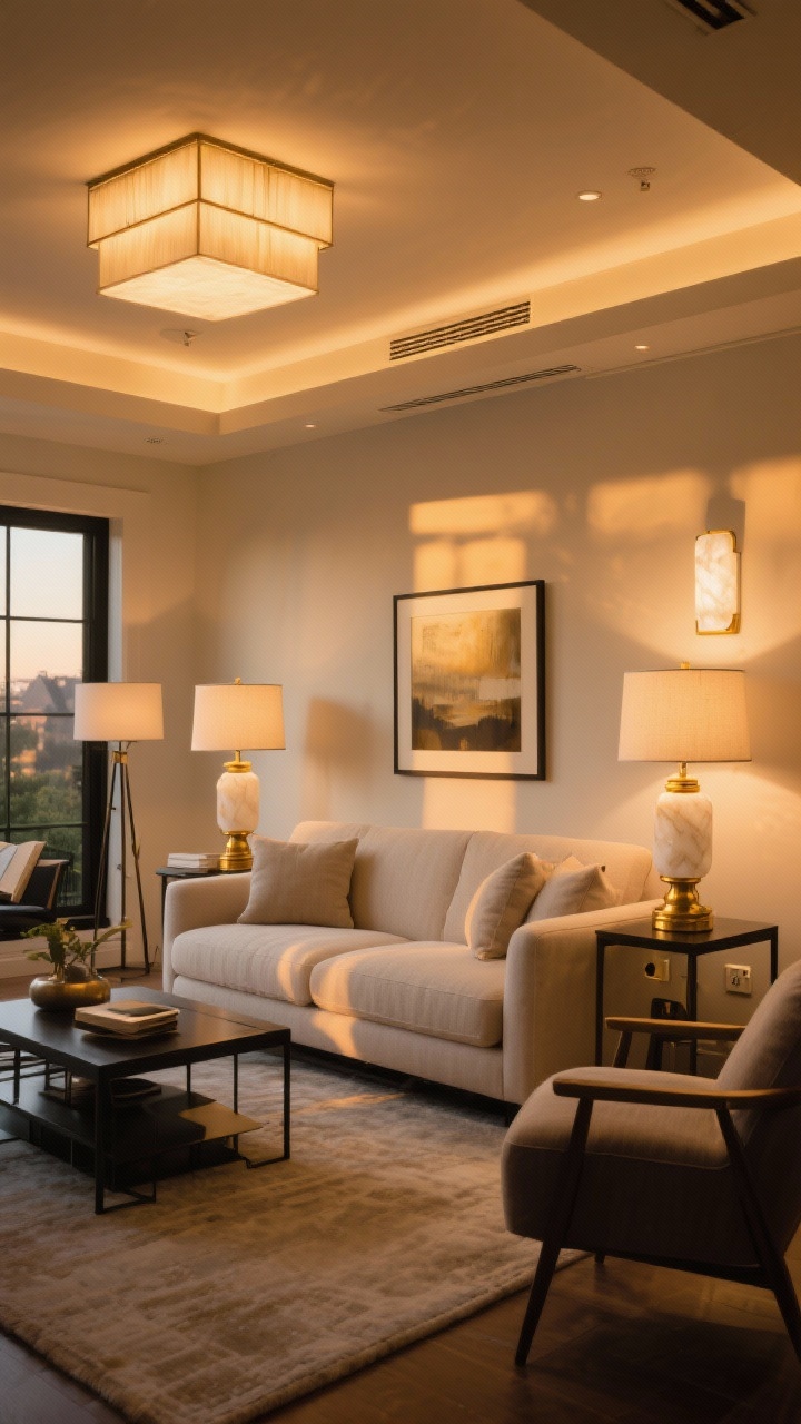 Photorealistic wide shot of a living room at golden hour with layered lighting: ambient ceiling fixture on a dimmer casting warm 2700K light, a pair of table lamps flanking the sofa with linen shades and brass bases for task lighting, and an alabaster picture light highlighting a framed artwork as accent lighting; include a floor lamp near a reading chair; mixed materials (brass, blackened metal) visible; balanced, cozy glow with visible dimmer switches