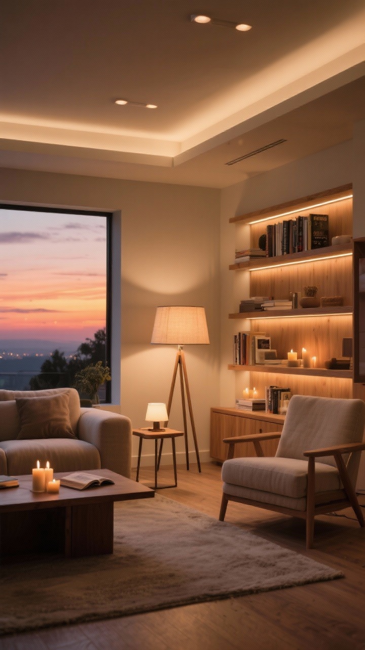 Photorealistic wide shot of a living room at sunset showcasing layered lighting control: overhead lights off; ambient glow from a shaded floor lamp, task lighting from a reading lamp by an armchair, and accent lighting from candles and a small table lamp tucked in a corner; optional soft LED strip highlighting bookshelf edges; smart bulb warmth set to a dim “Sunset Soft,” creating a cozy, calm mood with warm color temperature on natural wood and linen textures