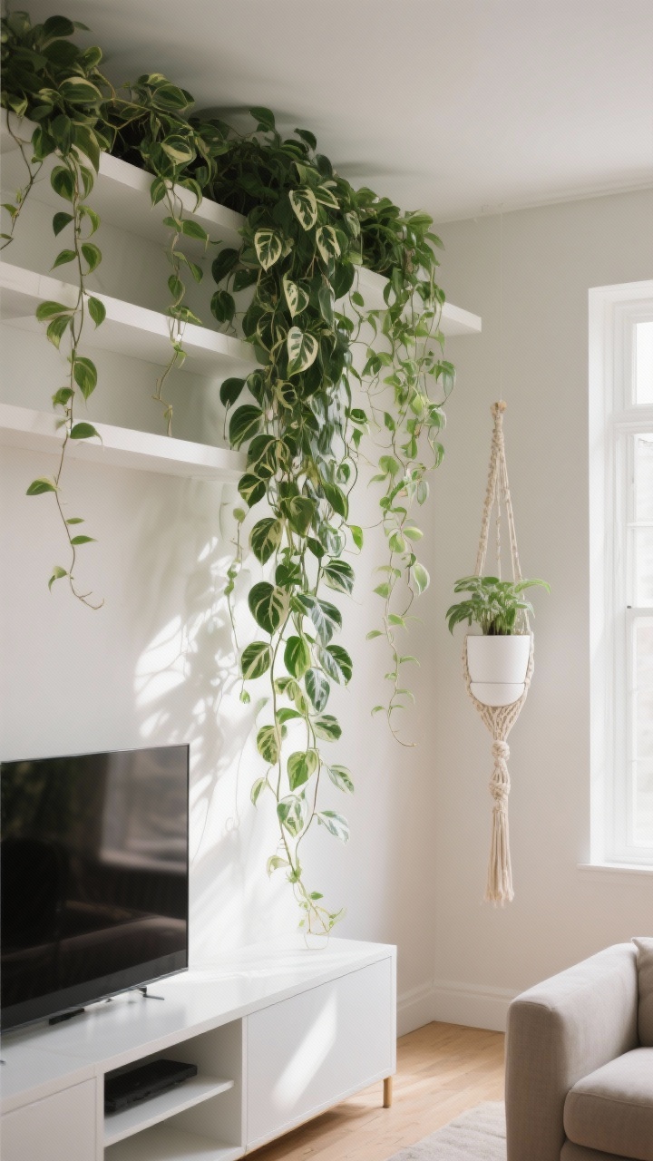Photorealistic wide shot of a living room shelf wall with a lush pothos trailing in long cascades from a top shelf; vines soften the hard lines of white shelves and a modern media unit; plant in a simple white pot or macramé hanger near a bright but indirect window; neutral room with soft shadows, variegated leaves visible; captured from a slight upward angle to showcase the waterfall effect.