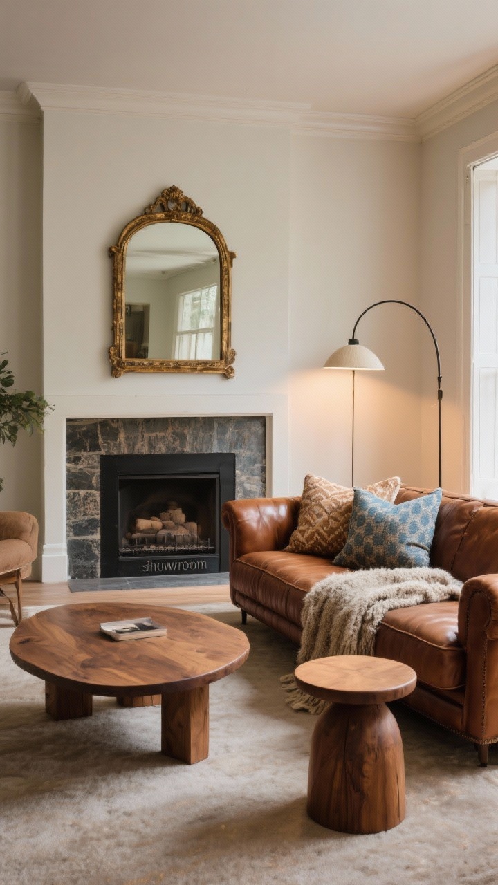 Photorealistic wide shot of a living room that avoids the “showroom” look by mixing materials and shapes: a rich brown leather sofa paired with a nubby wool throw, a solid wood coffee table with rounded edges, a round side table, and an arched floor lamp. Add one vintage piece—like an aged brass-framed thrifted mirror—over the mantel. Include a few throw pillows in mixed patterns within the same color family (warm neutrals and muted blues). Lighting is warm and ambient; balanced, lived-in composition; no people.
