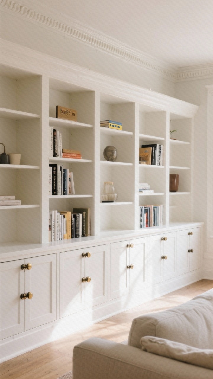 Photorealistic wide shot of a living room wall transformed with DIY “built-in” bookcases made from stacked white flat-pack units (IKEA Billy style), seamlessly caulked and wood-filled between units, topped with MDF and classic crown molding meeting the ceiling; all cabinetry and adjacent wall painted the same tone-on-tone soft warm white in semi-gloss for a millwork sheen; upgraded brushed brass knobs on lower doors, matte black pulls on upper doors; shelves styled with books and a few curated objects; straight-on perspective, daytime natural light, crisp shadows, no people.