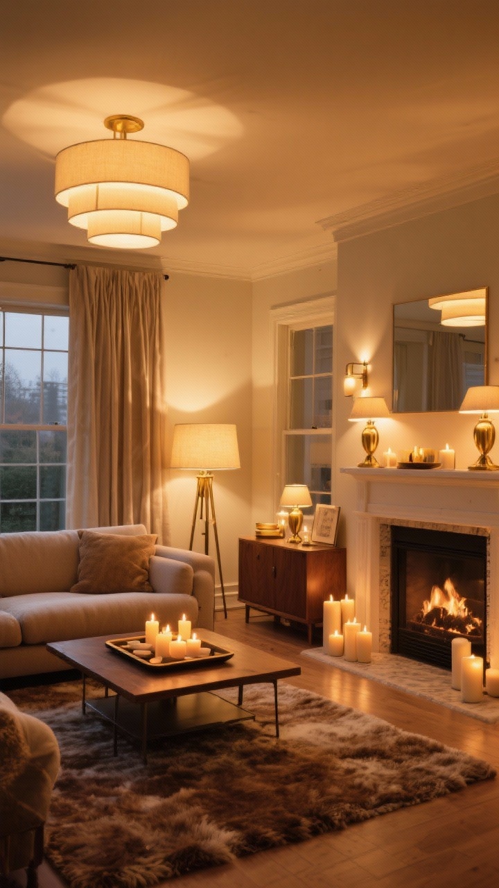 Photorealistic wide shot of a living room with a curated cozy lighting scheme: overhead ceiling lights off; layered table and brass floor lamps with warm 2700K bulbs casting a golden glow; candles or rechargeable tea lights grouped on a mantel and a tray on a sideboard; rich textures like a wool rug and linen curtains subtly illuminated. The overall mood is golden-hour warmth at 9 p.m., glare-free and soothing. Angle: corner angle showing multiple light sources and soft pools of light.