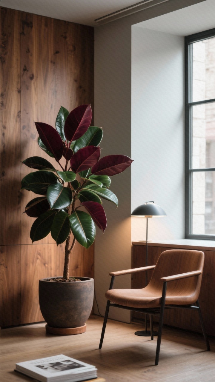 Photorealistic wide shot of a modern reading nook featuring a rubber plant (Ficus elastica) with deep green or burgundy oversized leaves in a tall stand or footed pot; bright indirect light from a nearby window, no harsh sun; warm wood tones, a sleek floor lamp, and a chair create a moody, high-end corner; slightly angled corner view to give presence and balance.