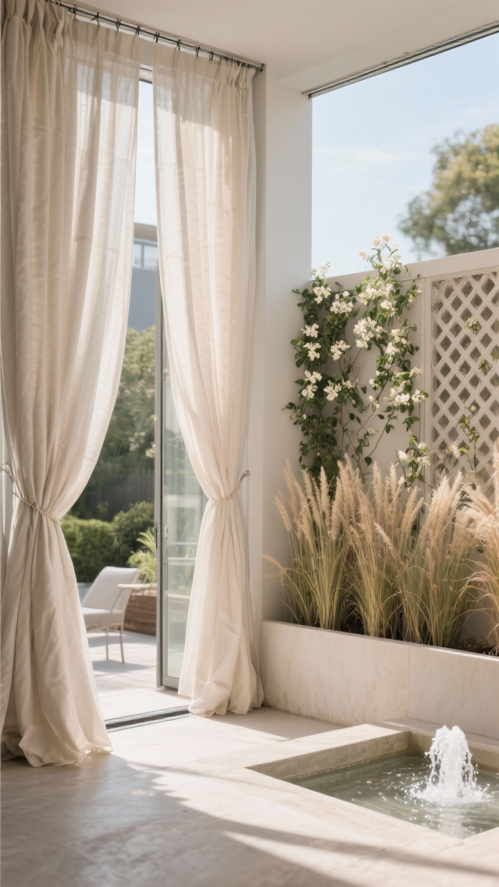 Photorealistic wide shot of a privacy-enhanced patio: outdoor curtains in light UV-stable fabric drifting softly from a tension wire, a lattice panel with jasmine starting to climb, tall planter wall with ornamental grasses for height, and a small bubbling fountain providing gentle white noise; diffused sunlight filtered through curtains; corner angle showing layers of screening elements; no people