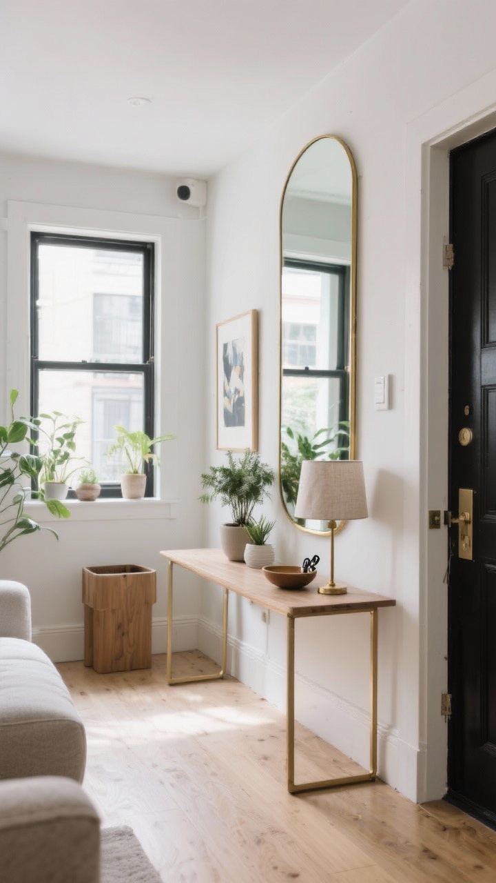 Photorealistic wide shot of a small entry-living area featuring a large floor-length mirror with a thin brass frame placed opposite a window to bounce natural light; the mirror reflects a styled vignette of plants and art (no clutter bins visible); a narrow console table beneath a wall mirror near the entry holds a small lamp with a linen shade and a shallow bowl for keys; restrained materials—light woods, black accents; bright yet cozy daylight, clean lines, no funhouse effect