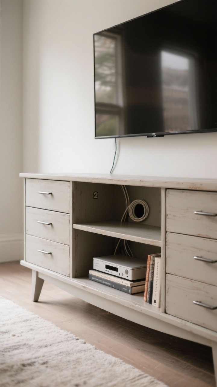 Photorealistic wide shot of a vintage dresser converted into a low media console: top drawers removed to form open shelves with a center support, a 2-inch cable grommet hole at the back, modern linear pulls installed, and short angled legs for a low-slung profile. Cable management neatly routed; shelves hold a media box and books. Finish is a smooth paint or stain with satin sheen. Angle from the room corner with balanced natural light, showing the whole piece integrated under a wall-mounted TV; no people present, heavy unit subtly anchored to the wall.