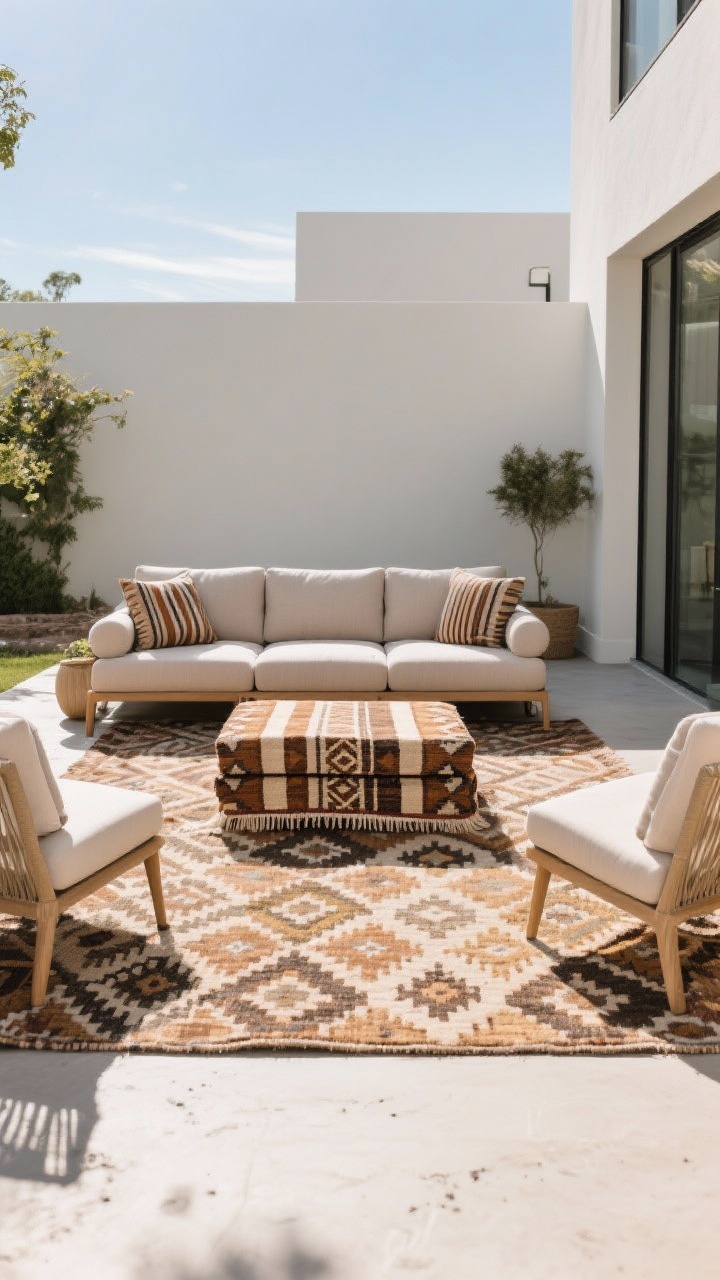 Photorealistic wide shot of an outdoor seating area anchored by rugs: a large polypropylene neutral base rug with a smaller bold geometric patterned rug stacked on top; front legs of a sofa and chairs resting on the rug to define the zone; patterns like Moroccan-inspired or striped in earthy tones for dirt-hiding practicality; hose-off-friendly materials visible; bright, clear daylight; angle from a corner to show the full layout