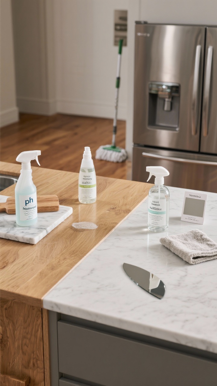 Split-surface countertop closeup: A styled vignette displaying labeled cleaners matched to surfaces—on the left, pH-neutral stone cleaner beside a marble cutting board; center, wood-safe cleaner and a barely damp mop near warm-toned wood flooring; right, stainless steel cleaner and a dry microfiber cloth in front of a stainless fridge; matte paint sample card with a gentle, non-abrasive cleaner and a test spot note; a glass cleaner bottle beside a lint-free cloth reflecting a streak-free mirror shard. Soft studio lighting with minimal reflections to emphasize correct product pairing.