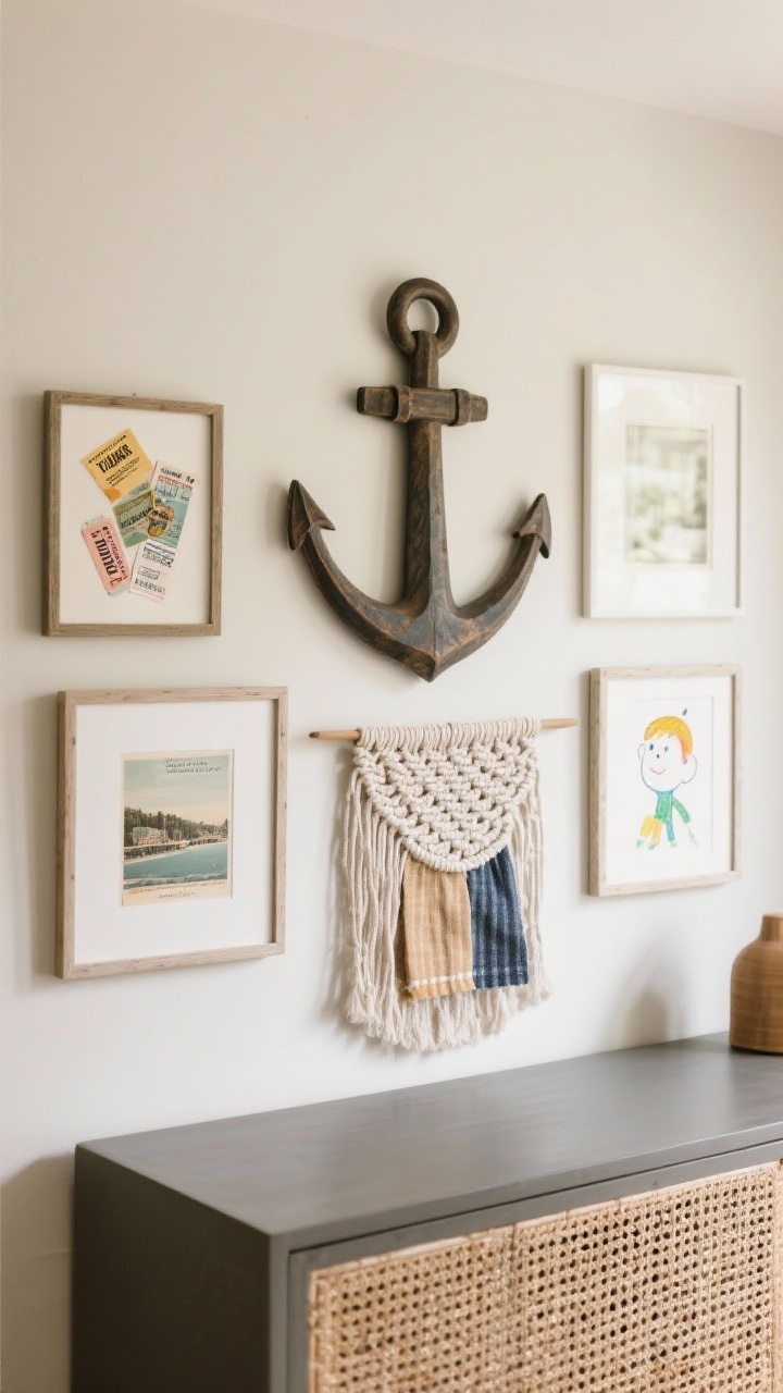 Straight-on detail shot of a mini gallery wall over a console: one large anchor artwork centered, flanked by 2–3 smaller framed pieces, spaced 2–3 inches apart; frames include a ticket stub collage, a vintage postcard, and a child’s drawing; a woven wall hanging adds texture alongside a framed fabric swatch; neutral wall color with soft, diffused natural light to keep the arrangement calm and intentional.