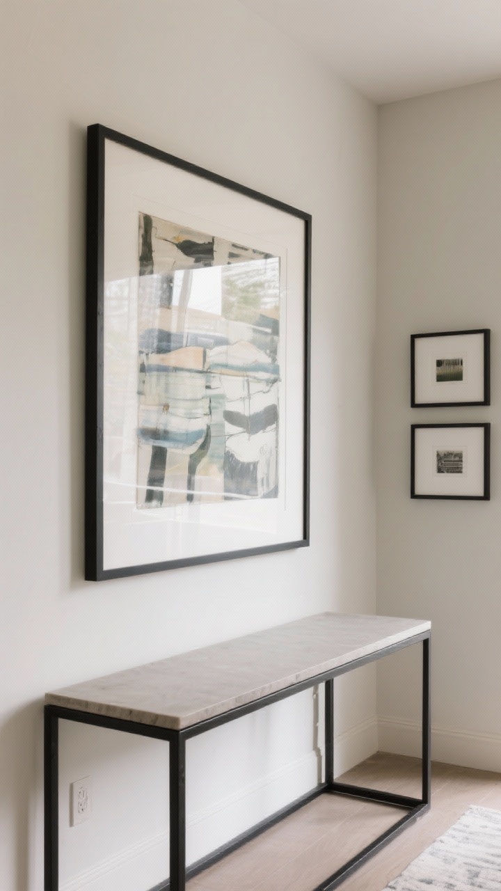Straight-on medium shot: Art hung at correct height—a large framed piece centered at 57–60 inches to eye level above a console, with the bottom of the frame 6–8 inches above the furniture; consistent black metal frame finish for modern polish; to the side, a mini gallery wall with 2–3 inch spacing between frames; scale appropriate to wall size (no tiny floating frames); neutral wall color for contrast; daylight even lighting