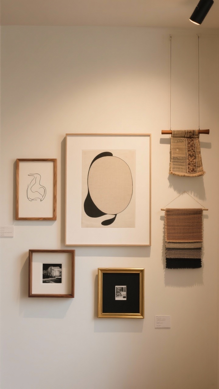 Straight-on medium shot of a gallery wall: collected, not matched art—one larger neutral abstract anchors the arrangement, surrounded by smaller pieces including a minimalist line drawing, a framed black-and-white photograph, and a mounted textile swatch; mixed frames in wood, brass, and matte black avoid a catalog look; include a simple wooden rod suspending a small vintage fabric panel; warm, soft ambient lighting; photorealistic.