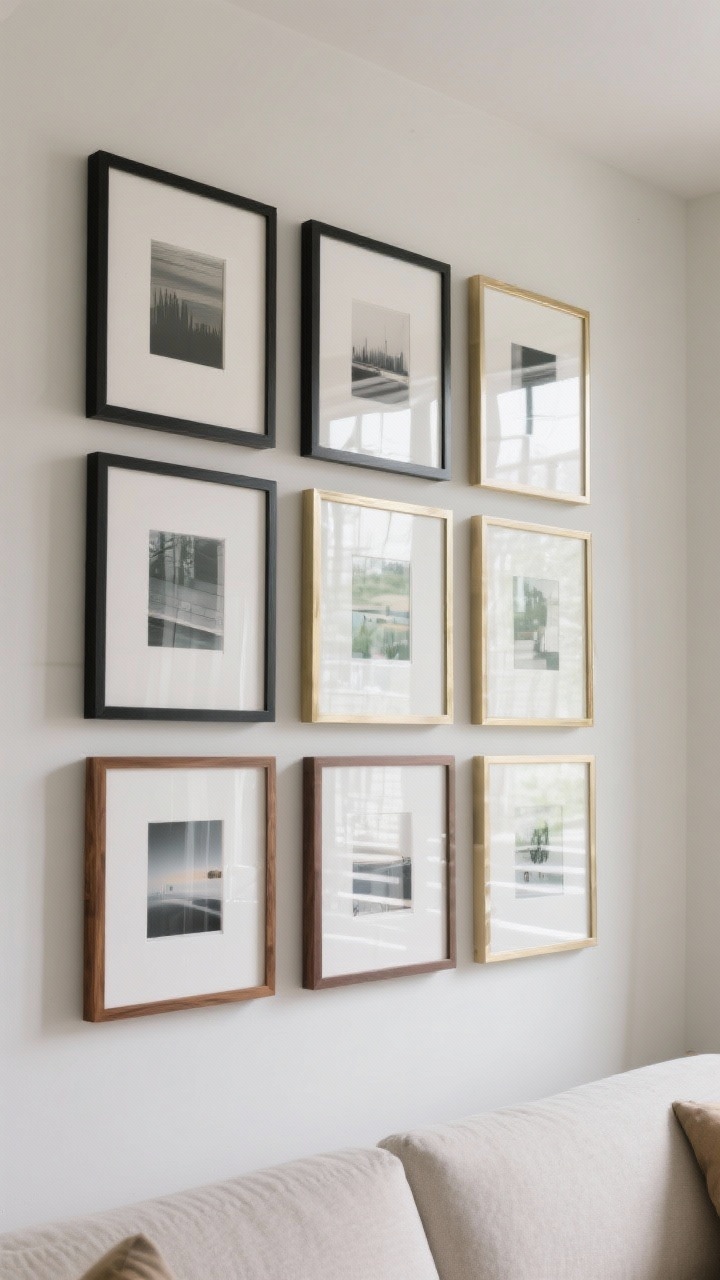 Straight-on medium shot of a living room wall showcasing a grid of nine framed digital art prints; oversized 3–4 inch white mats, real glass or UV acrylic glazing; frames mixed in black, walnut, and thin brass for a curated look; consistent spacing at 2–3 inches between frames, centerlines approximately 57–60 inches from the floor; soft daylight with minimal reflections; a neutral sofa edge visible at bottom to suggest scale, gallery-like vibe, no people.