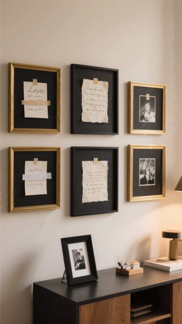 Straight-on medium shot of a love-note gallery wall: cohesive frames in black and brass arranged in a neat grid above a console; framed handwritten notes, minimalist printed lyrics on textured paper, and a few black-and-white photos in 2–3 sizes; washi-taped small items subtly included; warm, diffused lighting; neutral wall color to let the art stand out; photorealistic.