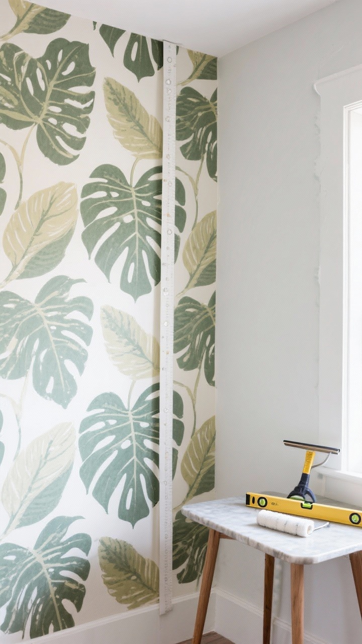 Straight-on medium shot of a peel-and-stick wallpaper accent wall in a small nook: bold botanical pattern with large leaves in muted greens and cream to add depth. A level and a squeegee rest on a side table; the first strip is perfectly plumb, seams aligned, bubbles smoothed. The adjacent plain wall is pristine, indicating good prep. Bright, even daylight, crisp details of the vinyl texture and edges, photorealistic.