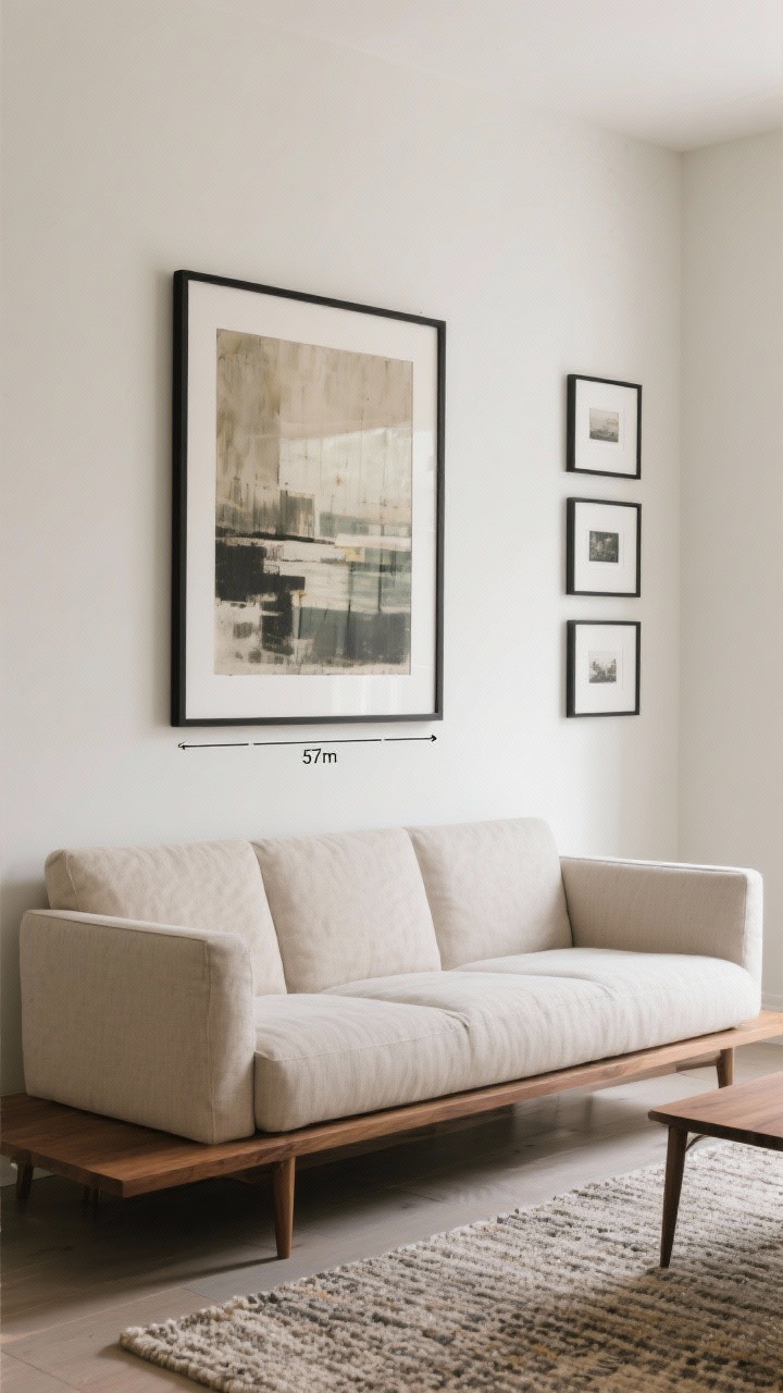 Straight-on view of a sofa wall with properly hung art: a large framed piece centered at 57 inches from the floor, hung 6–8 inches above a neutral linen sofa with a low-profile wood console beneath. Include a secondary vignette showing a small gallery wall with frames spaced 2–3 inches apart, the group’s center aligned to 57 inches. Neutral palette with black frames, white mats, and a textured rug grounding the furniture to emphasize connection. Soft natural light, photorealistic.