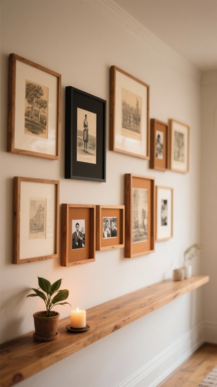 Straight-on wall scene: cozy art and frames telling a story—gallery ledge with layered frames in warm wood tones and a few black frames, printable vintage artwork mixed with black-and-white personal photos; warm-toned mats adding depth; small plant and candle at the edge of the ledge; cohesive repeated tones; soft ambient lighting; photorealistic.