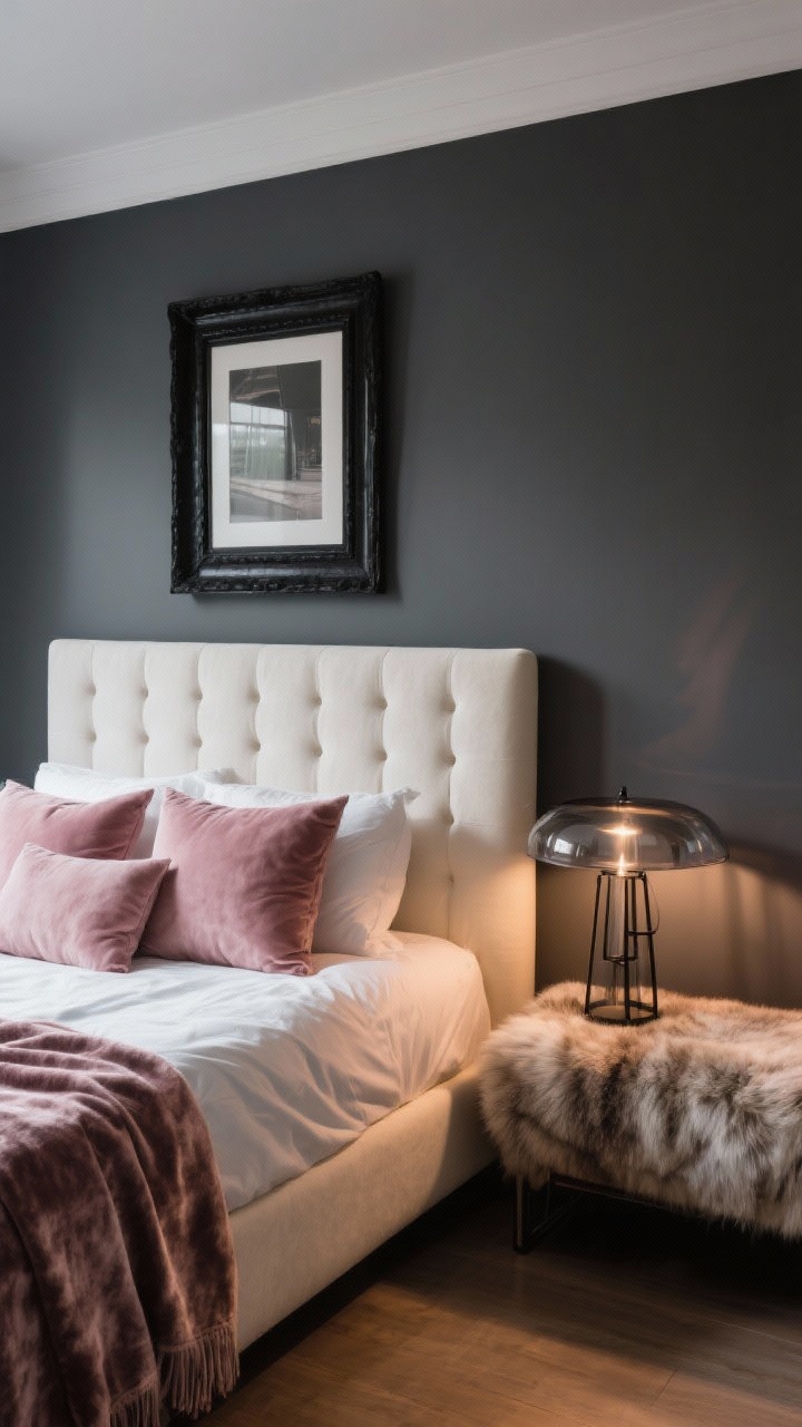 Wide bedroom shot, moody yet soft: charcoal walls, cream upholstered bed to lift the palette, dusty rose pillows and throw at the foot of the bed; smoked glass bedside lamp and black metal picture frame above; heavy-on-soft textures—velvet, chenille, and a touch of faux fur on a bench; flattering warm side lighting for a cocooning feel, photorealistic