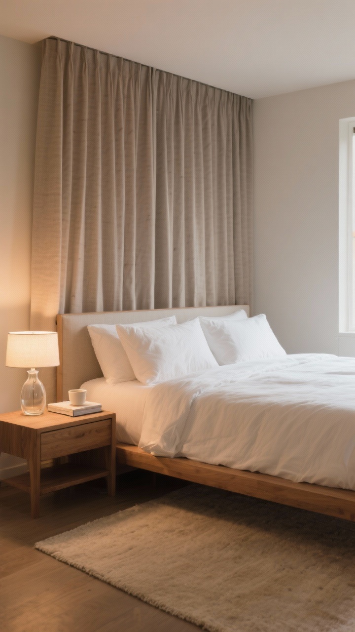 Wide bedroom shot: restorative retreat with crisp white cotton percale bedding, two pillows per sleeper for plushness, linen duvet in soft mushroom, blackout curtains in warm greige fully drawn; a minimalist nightstand styled with a small lamp, glass carafe and cup, one book, and a shallow catchall; no visible screens; natural wood bed frame and soft beige rug; early evening warm lighting (2700K), calm and quiet.