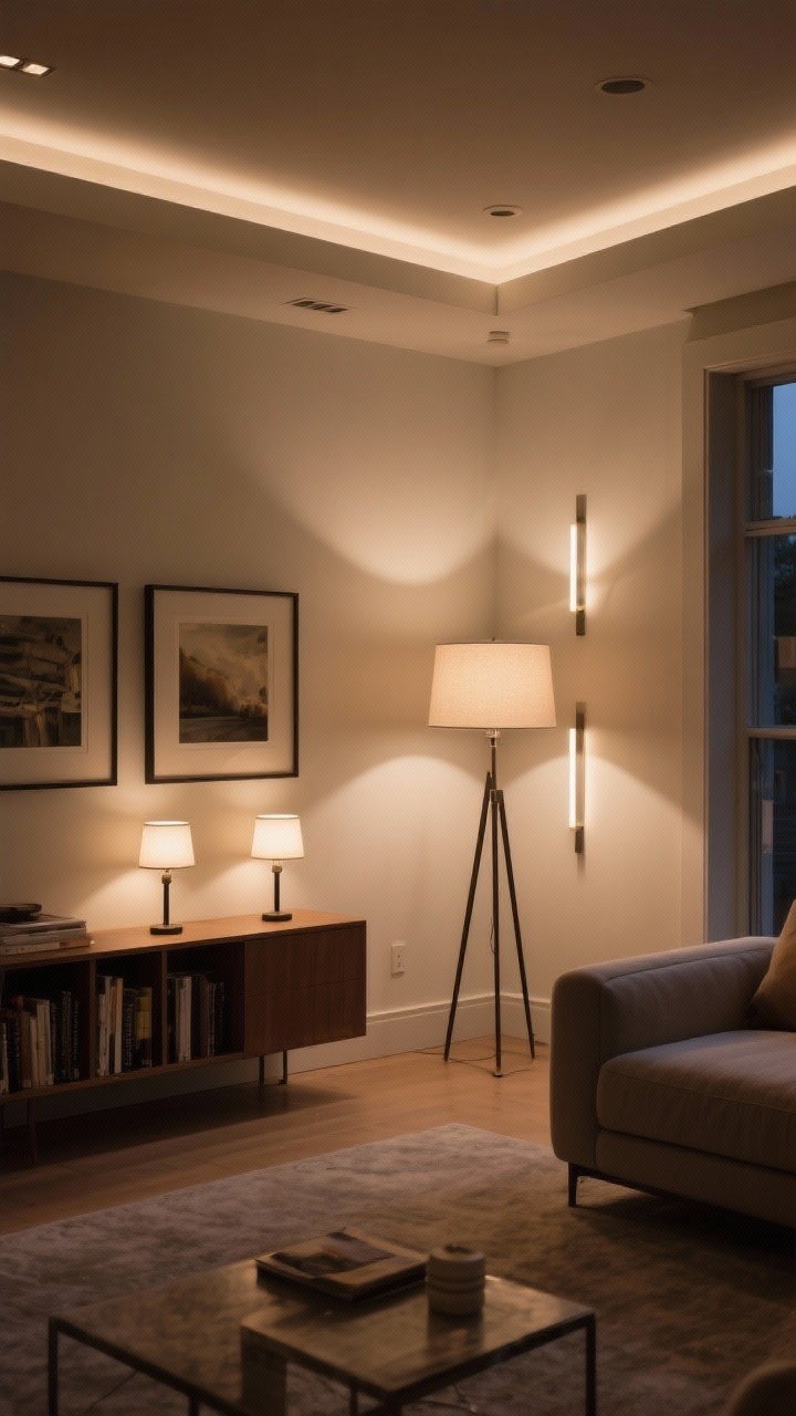 Wide corner angle: Evening living room with no overheads on—light spread via low, indirect sources. A corner floor lamp aimed at the wall creates a soft reflected wash; two small lamps on a console provide balanced glow; slim picture lights softly illuminate framed art and a bookshelf. Warm, diffuse light bounces off walls and ceiling, multiple quiet sources creating a calm atmosphere.