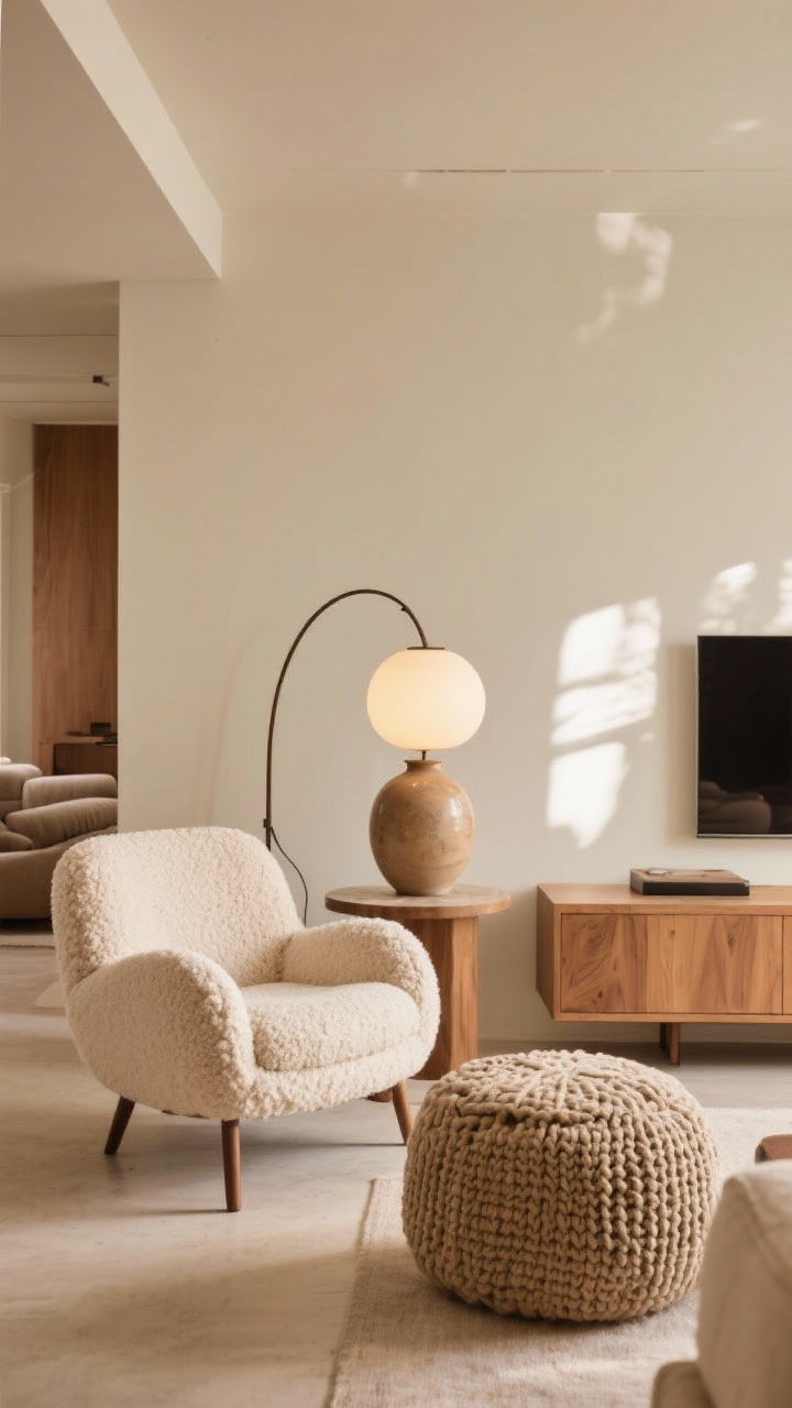 Wide corner angle of a living area mixing cozy curves and chunky shapes: a boucle or sherpa chair with rounded arms, a chunky knit pouf/ottoman, and a bulbous ceramic vase next to a curved lamp on a side table; rectangular sofa and media unit in background for contrast; warm midday light, soft shadows, neutral creams and warm wood tones.