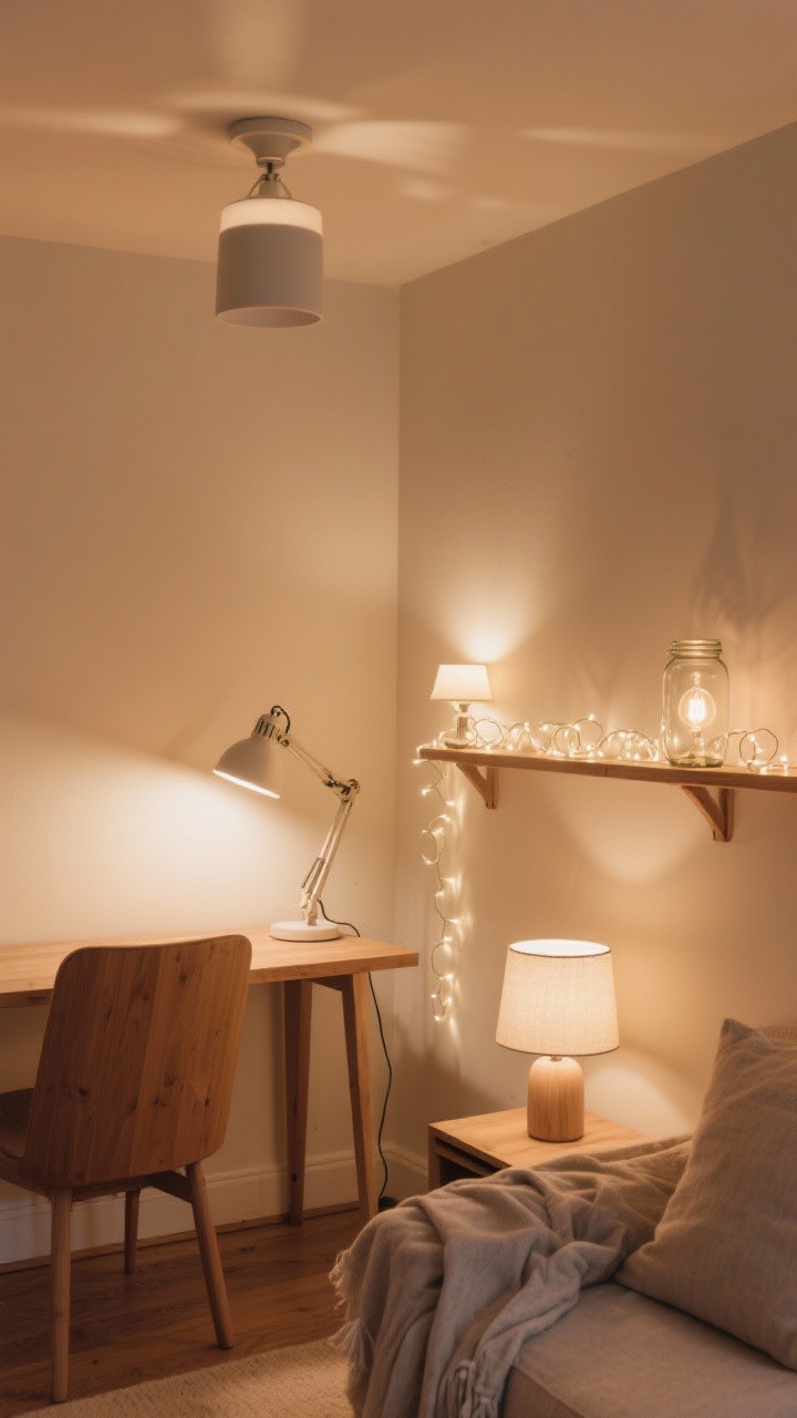 Wide corner room shot showcasing layered cozy lighting using existing lamps: ambient light from the least bright lamp placed in a corner, task light from a desk lamp angled toward a wall to bounce a soft glow, and warm white holiday string lights tucked along a shelf and coiled inside a glass jar; bulb temperatures clearly warm; overhead lights off; shadows gentle and diffused; materials include soft woods and neutral textiles; angle: corner perspective capturing the three light sources without glare.