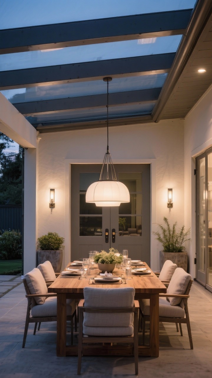Wide covered patio dining area at twilight with a statement pendant centered over a large outdoor table (20–30 inches wide), featuring a diffused opal glass shade for soft, glare-free light; clean-lined wet-rated sconces flanking patio doors, metal finishes thoughtfully mixed to echo door hardware and planters; materials include warm wood table, neutral textiles, and contemporary seating; smart dimmable bulbs set to cozy dinner brightness; straight-on architectural view capturing balanced, indoor-outdoor sophistication