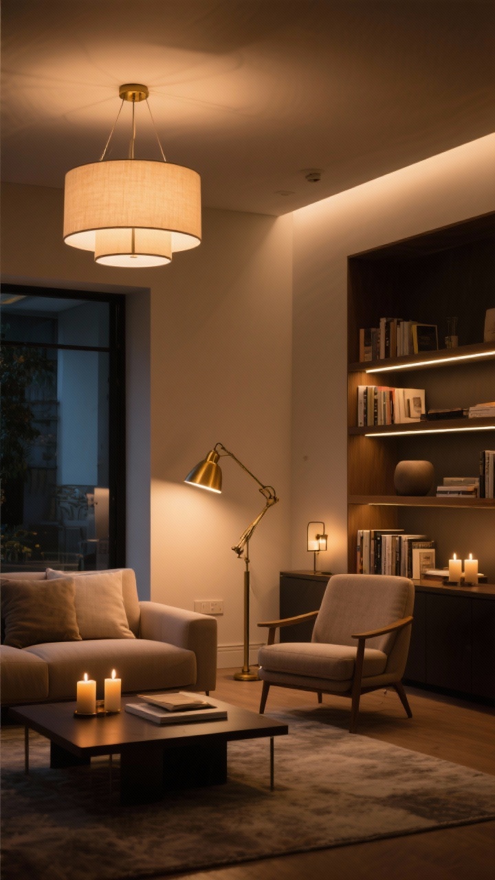 Wide evening living room showcasing layered lighting: ambient glow from a shaded ceiling fixture and a brass floor lamp, task lighting from a swing-arm reading sconce by a chair, and accent lighting from two candles and a dimmable LED strip washing a bookshelf; warm dimmer-set tones, soft shadows, cozy modern decor, no overhead glare, photorealistic.