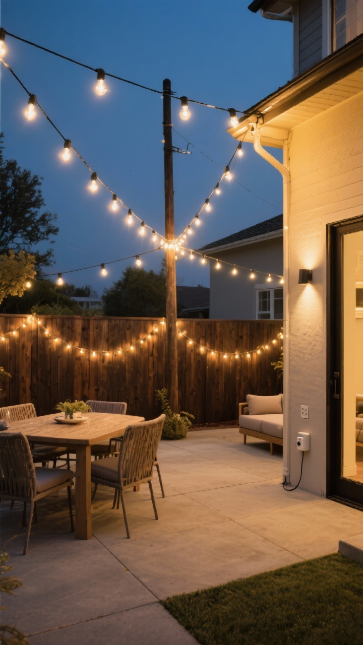 Wide evening patio scene with warm white (2700–3000K) café-style string lights on black cords crisscrossing in a V-shape from a house to a pole, plus a secondary zigzag run spanning a wider courtyard area; UL-listed outdoor sets rated IP65+ visible in subtle tag detail; modern wood-and-concrete patio with a dark cedar fence where mini fairy lights softly swag along the fence for a twinkly layer; add a smart plug at an exterior outlet; soft, flattering glow over a dining table and lounge seating; photorealistic, corner-angle view emphasizing the golden ambiance without people