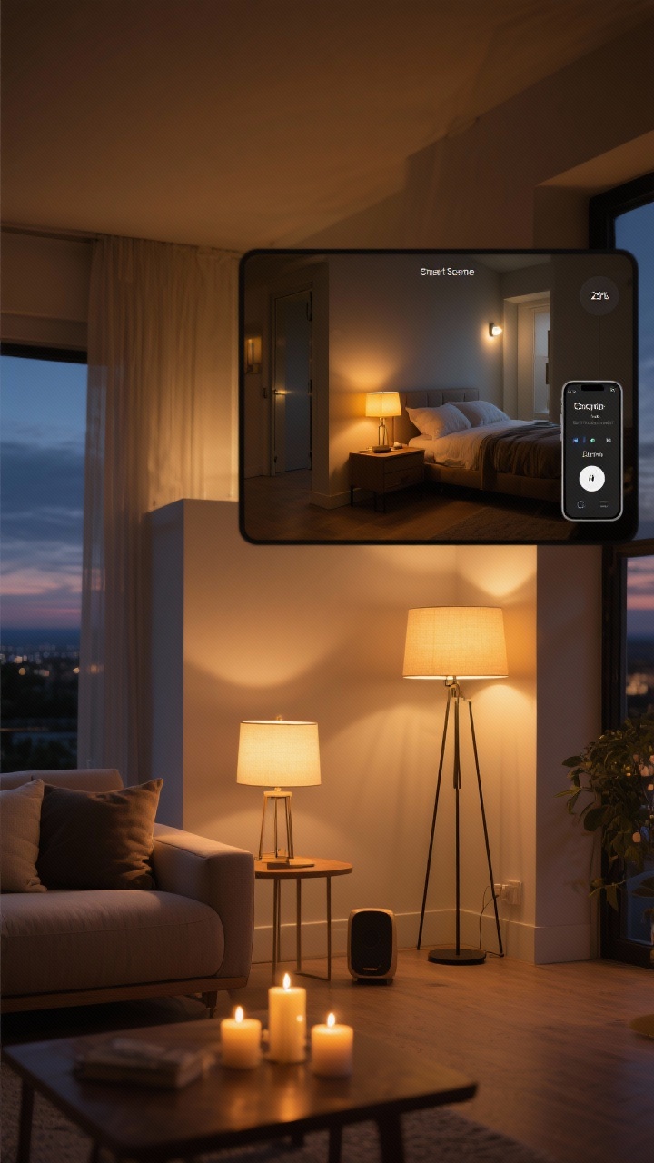 Wide evening scene: A living area transitioning into bedtime via ritual lighting—smart scene engaged. Two table lamps set to 40% and a floor lamp at 20% cast a golden-hour ambiance while candles flicker; then a secondary frame within the same shot shows a nearby bedroom with only a single warm bedside lamp on and a faint hall nightlight. Include a visible smart scene controller or phone showing the preset and a small speaker implying a mellow playlist as lights fade over 20 minutes.