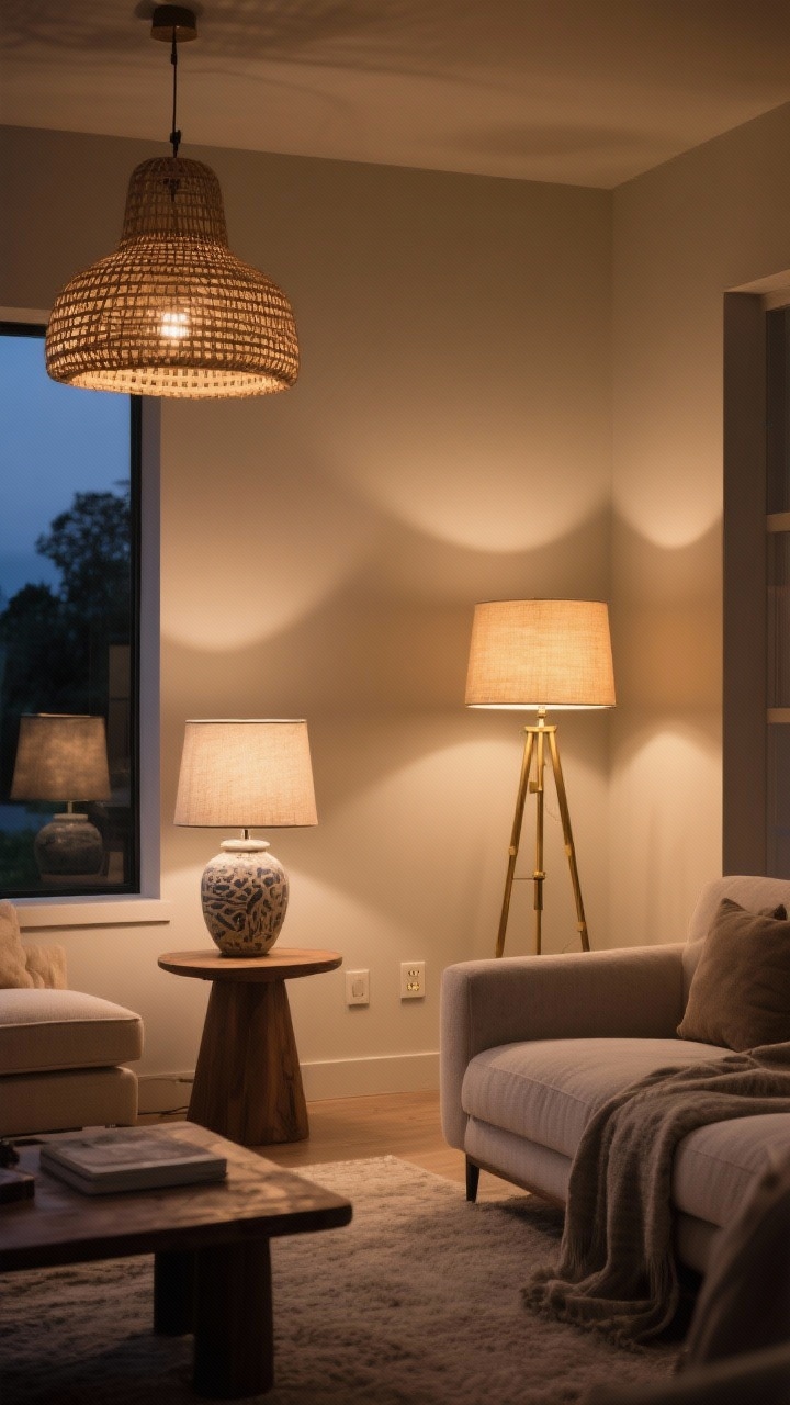 Wide evening shot of a living room with layered lamps: three light sources visible—a ceramic table lamp with a fabric shade, a rattan pendant, and a brass floor lamp—each casting warm 2700K–3000K light; dimmers set for a cozy glow; subtle shadows softening edges, neutral room palette with textures gently illuminated.