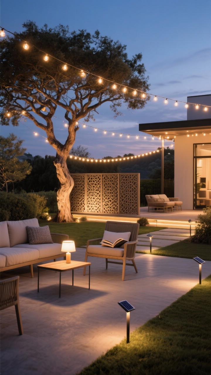 Wide evening shot: Warm, layered outdoor lighting—string lights casting ambient glow across a seating terrace; a small table lamp providing task light next to a reading chair; accent uplights grazing the trunk and canopy of a single sculptural tree and backlighting a decorative screen. Use 2200–2700K warmth, include discrete solar stake lights along a path. Cozy twilight sky, no harsh glare.