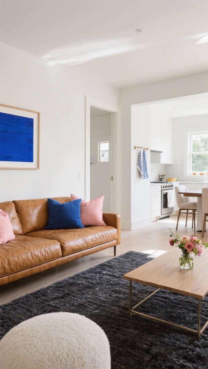 Wide living-dining view: a cohesive color palette using three neutrals (warm white walls, camel leather sofa, charcoal wool rug) and two accents (cobalt and a softer blush); cobalt appears in framed art and a kitchen dish towel visible beyond, blush in throw pillows and a small floral arrangement; natural daylight, clean lines, repetition of accents across zones, corner angle to show flow.