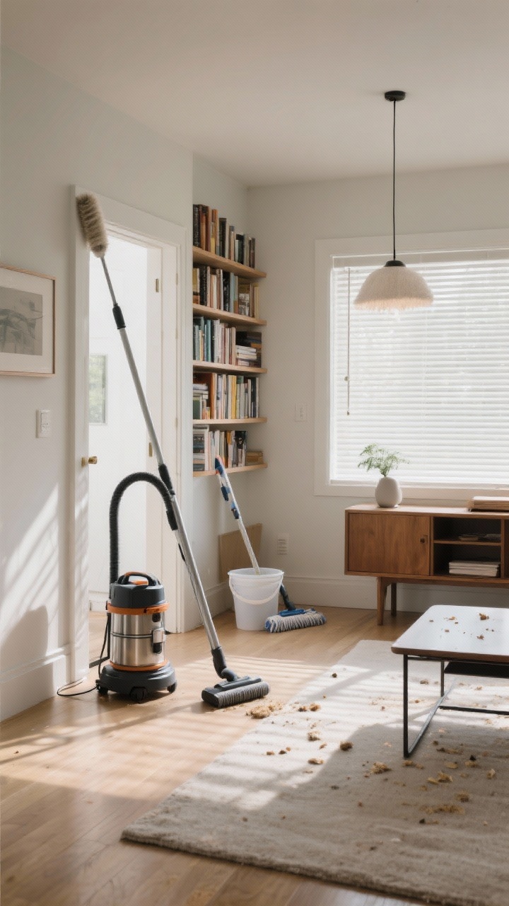 Wide living room angle from a doorway: A tidy space mid-cleaning following the top-to-bottom rule—dusting wand reaching high bookshelves and a pendant light already dusted, sideboard and coffee table wiped, with crumbs and dust intentionally left on the floor awaiting cleanup. A canister vacuum sits ready near the threshold, mop bucket and flat mop waiting in the corner. Natural afternoon light streams through blinds, casting linear shadows. The composition shows a left-to-right workflow path through the room, emphasizing “vacuum before mop” sequencing.