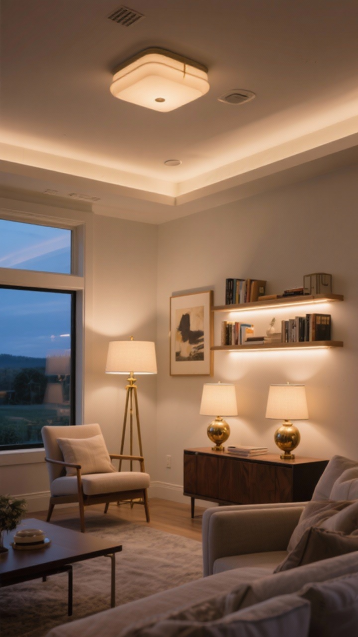 Wide living room at dusk: three-layer lighting—ambient dimmed ceiling fixture on a dimmer, task brass floor lamp by a reading chair, and accent picture lights over art plus LED strip on a bookshelf; warm white 2700–3000K across all fixtures for matched color temperature; symmetrical bedside-style table lamps not present here, but a pair of matching lamps on a console for visual order; globe shades slightly oversized; corner angle, cozy vibe.