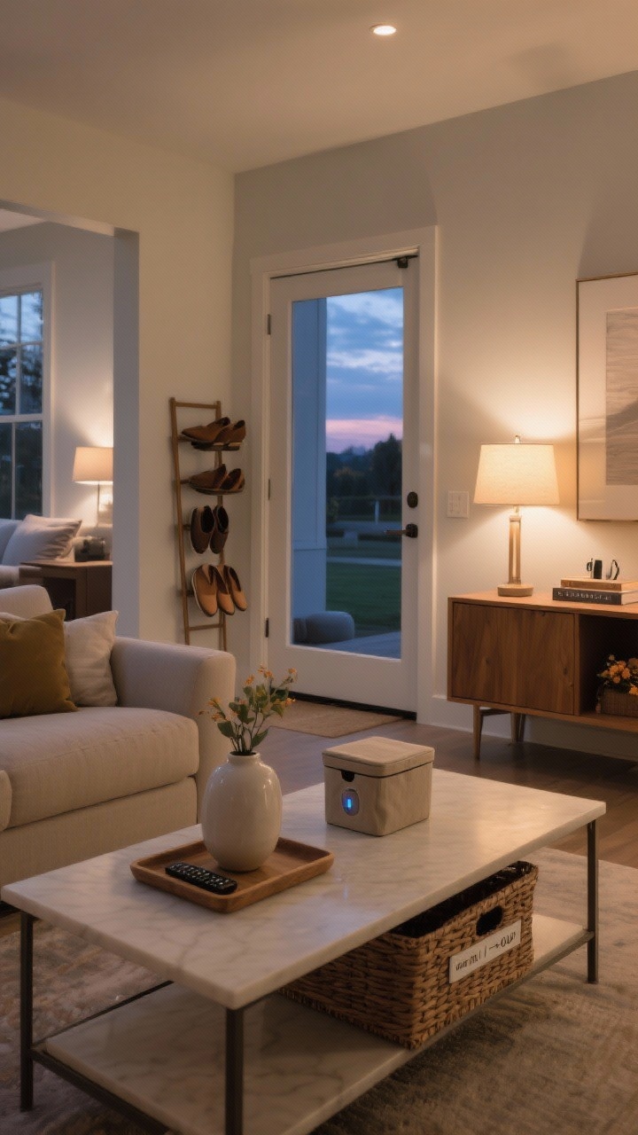 Wide living room evening reset: Clutter-free, intentional styling—coffee table cleared and wiped with only a tray, a single vase, and a remote corralled in a small lidded basket; entry table with a closed bin for chargers; nightstand visible in the background with only a lamp and book. Warm ambient lighting and a hint of twilight outside. Subtle cues of habits: shoes placed on a rack by the door (60-second rule), a labeled seasonal storage basket under a console (one-in, one-out). The room reads airy and organized, highlighting decor over stuff.