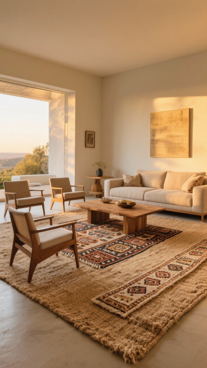 Wide living room shot: a correctly sized rug anchoring the space with front legs of sofa and chairs on top; base layer of natural jute rug with a smaller patterned kilim layered over it; thick rug pad subtly visible at edges for height; neutral sofa, wood coffee table, and a pair of accent chairs; warm, golden early evening light, balanced composition, photorealistic detail in rug fibers and pattern.