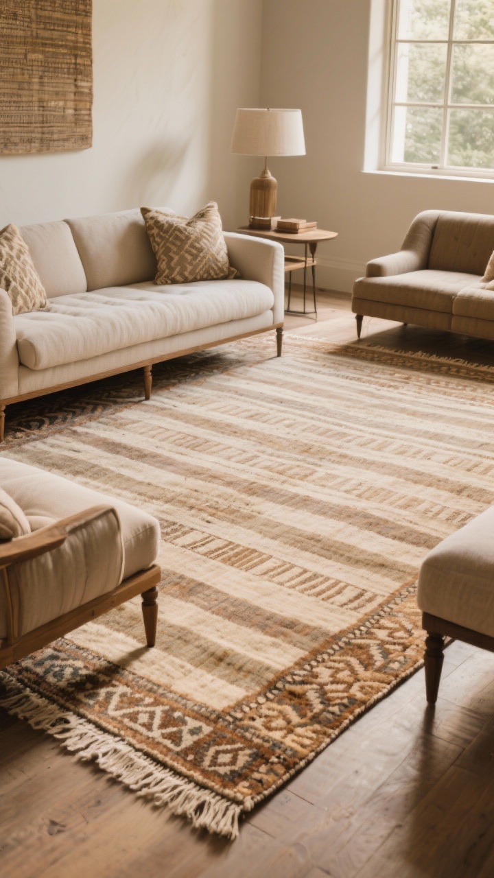 Wide living room shot: an oversized area rug anchoring the space, large enough for all front legs of seating to sit on it; muted vintage pattern in warm neutrals (tonal stripes/Moroccan-inspired) with plush low-pile surface; visible rug pad edge hinting at cushion; furniture arranged intentionally; warm daylight; corner angle emphasizing scale and coziness; photorealistic.