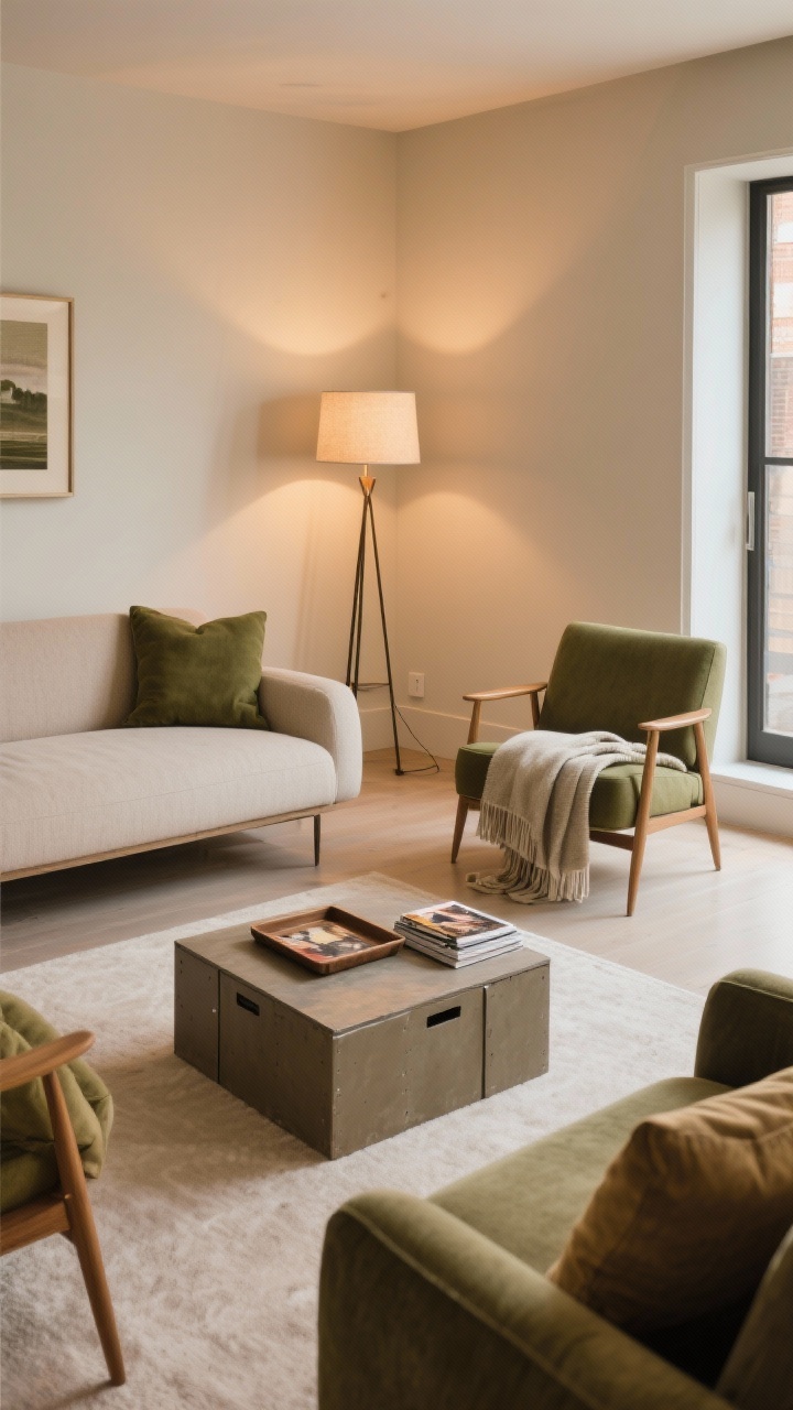 Wide living room shot focused on creating cozy zones by rearranging furniture: sofa floated about 6 inches off the wall, a chair angled kitty-corner with a folded blanket draped over the back, a floor lamp defining a reading nook; clear pathways visible; a mini coffee table improvised from a sturdy box topped with a tray and a small stack of magazines; color story in warm neutrals with olive accents; lighting is warmly layered but not dim; angle: slightly elevated, capturing flow and conversation grouping.