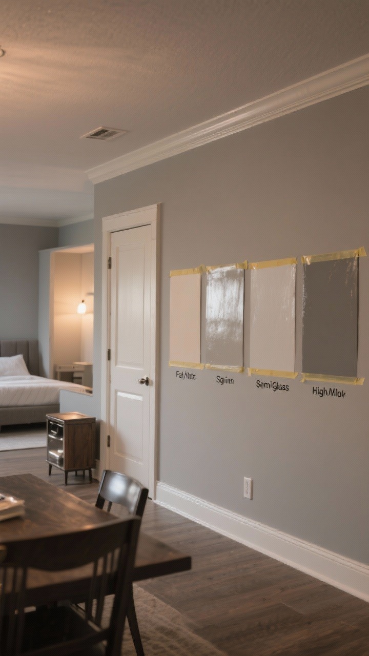 Wide room shot: a living/dining combo with test boards on one wall demonstrating paint finishes under the same color—flat/matte, eggshell, satin, semigloss, high gloss—each labeled on painter’s tape. The room includes low-traffic bedroom-style nook with a matte ceiling, main walls in eggshell or satin finish, trim and a cabinet door in semigloss, and a single small accent furniture piece with high-gloss sheen. Neutral warm-gray/greige palette, evening ambient lighting to reveal sheen differences and how imperfections reflect; corner angle showing how finishes read across surfaces.