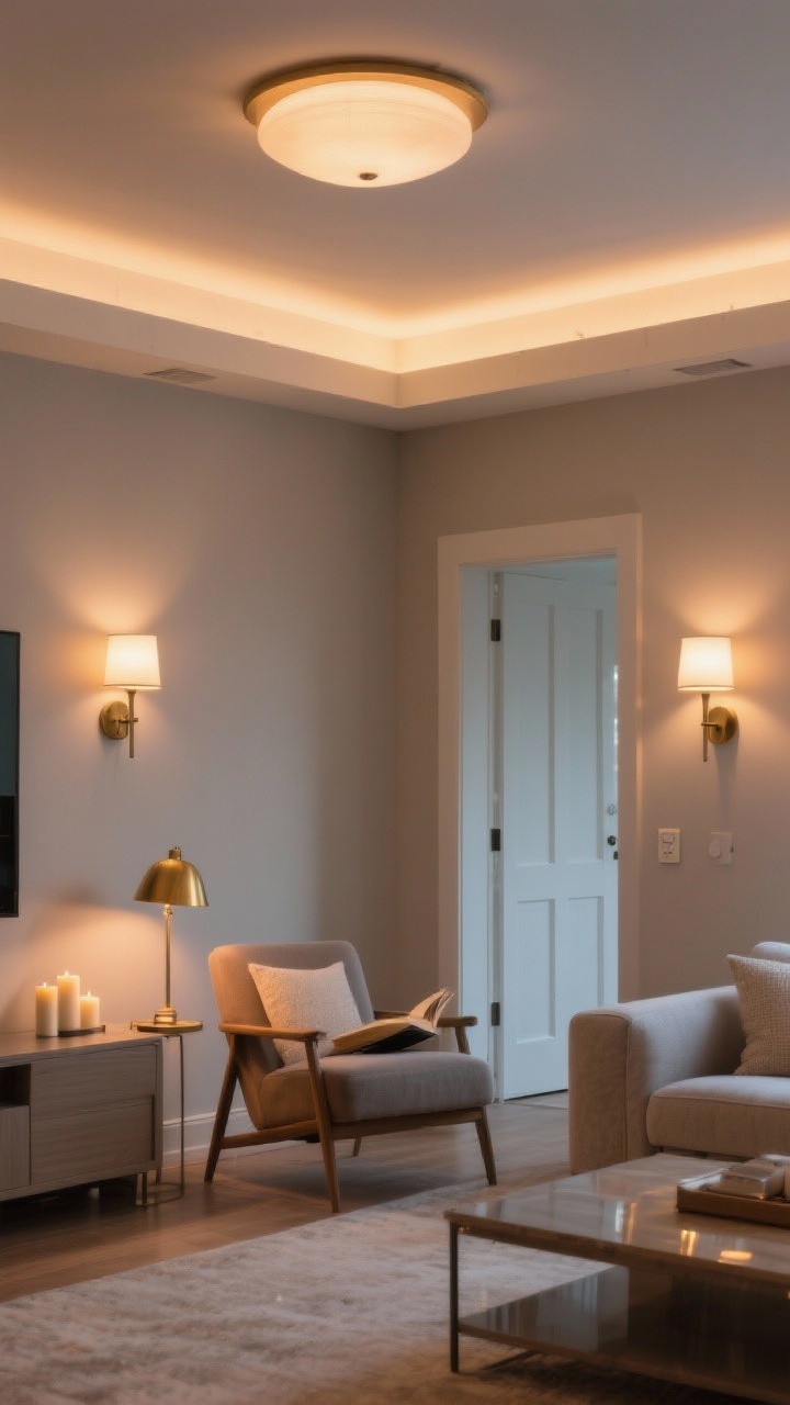 Wide room shot: a living room lit like a mood maestro with three lighting layers—dimmed ambient ceiling fixture (warm 2700K), a brass task lamp beside a reading chair, and wall sconces plus candles for accent; smart bulbs set to a sunset schedule casting gentle gradients; dimmer switches visible near the doorway; calm greige walls, cozy atmosphere with reflections controlled to avoid glare; photographed from a corner angle to show all light sources working together.