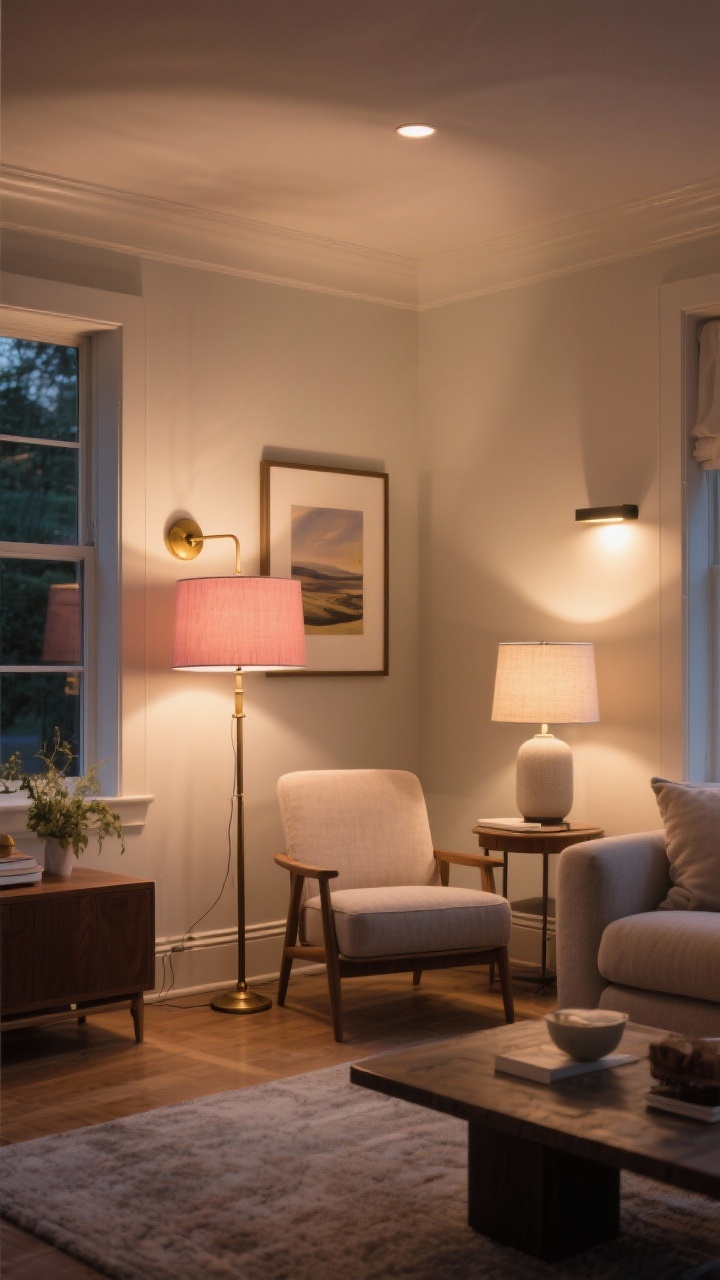 Wide room shot, corner angle: A living room showcasing layered lighting—ambient from a warm 2700–3000K floor lamp, task light from a brass reading sconce over a chair, and accent from a picture light illuminating framed art; dimmable smart bulbs create a cozy glow; include a rosy lampshade and a linen diffuser shade on a table lamp; avoid overhead-only harshness, inviting evening mood.