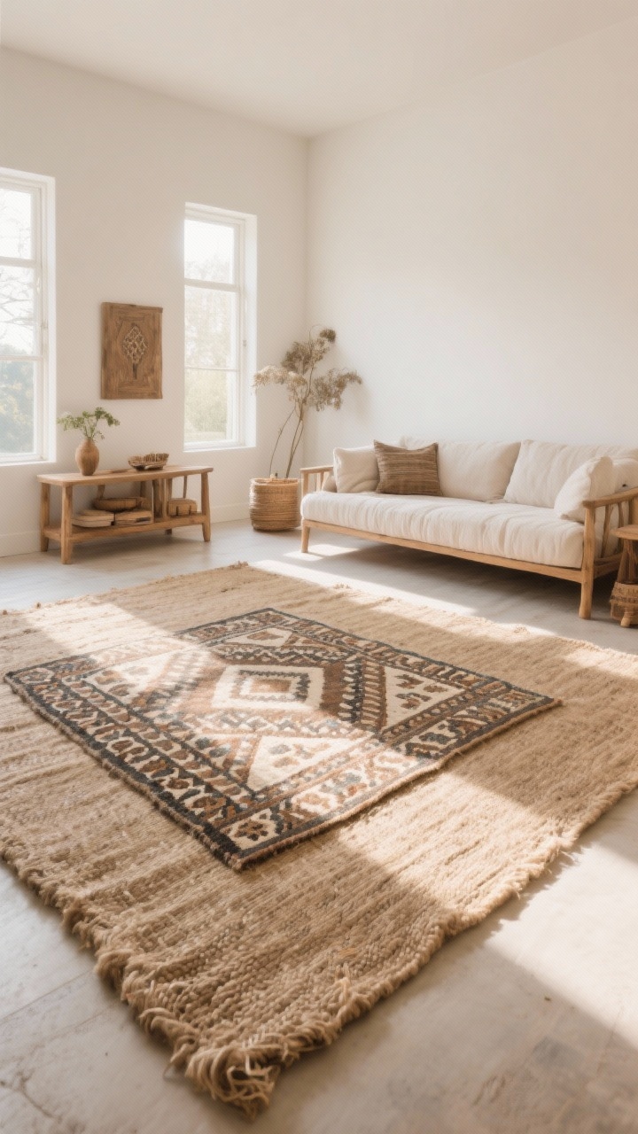 Wide room shot: layered rugs over neutral flooring—large jute flatweave as the base rug, topped with a smaller Moroccan-inspired patterned rug at roughly two-thirds the size; boho living area grounded by the rugs, with natural wood furniture and a linen sofa; warm whites and taupes dominate; soft morning light rakes across the floor to emphasize weave and pile; works even over carpet; photorealistic.