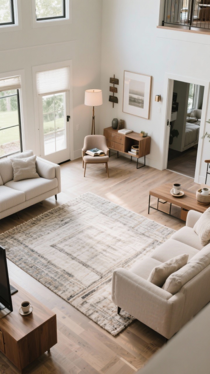 Wide room shot, overhead or high corner angle: A living room reworked for intuitive flow—clear 30–36 inch pathways, a sofa floated 8 inches off the wall, zones defined: a reading nook with chair and lamp, a coffee corner, and an entry drop zone; a larger area rug anchoring the conversation area and a runner subtly guiding movement; natural daylight with balanced brightness.