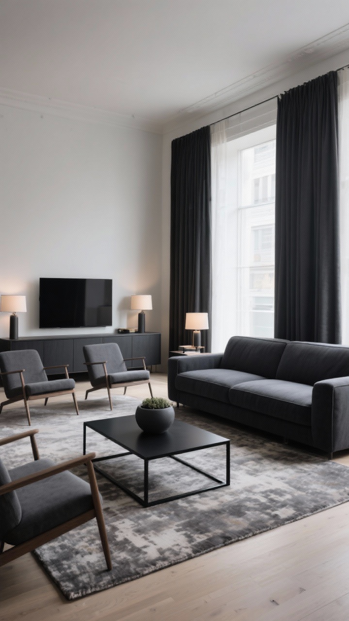 Wide shot: A balanced living room layout demonstrating visual weight—on one side, a substantial dark charcoal sofa; opposite, two lounge chairs and a solid media unit to counterbalance; dark tones distributed via a black-framed coffee table and a charcoal planter across the room; loose symmetry with matching lamps on side tables, yet relaxed overall; a large rug and full-length curtains anchor zones; photorealistic, corner perspective