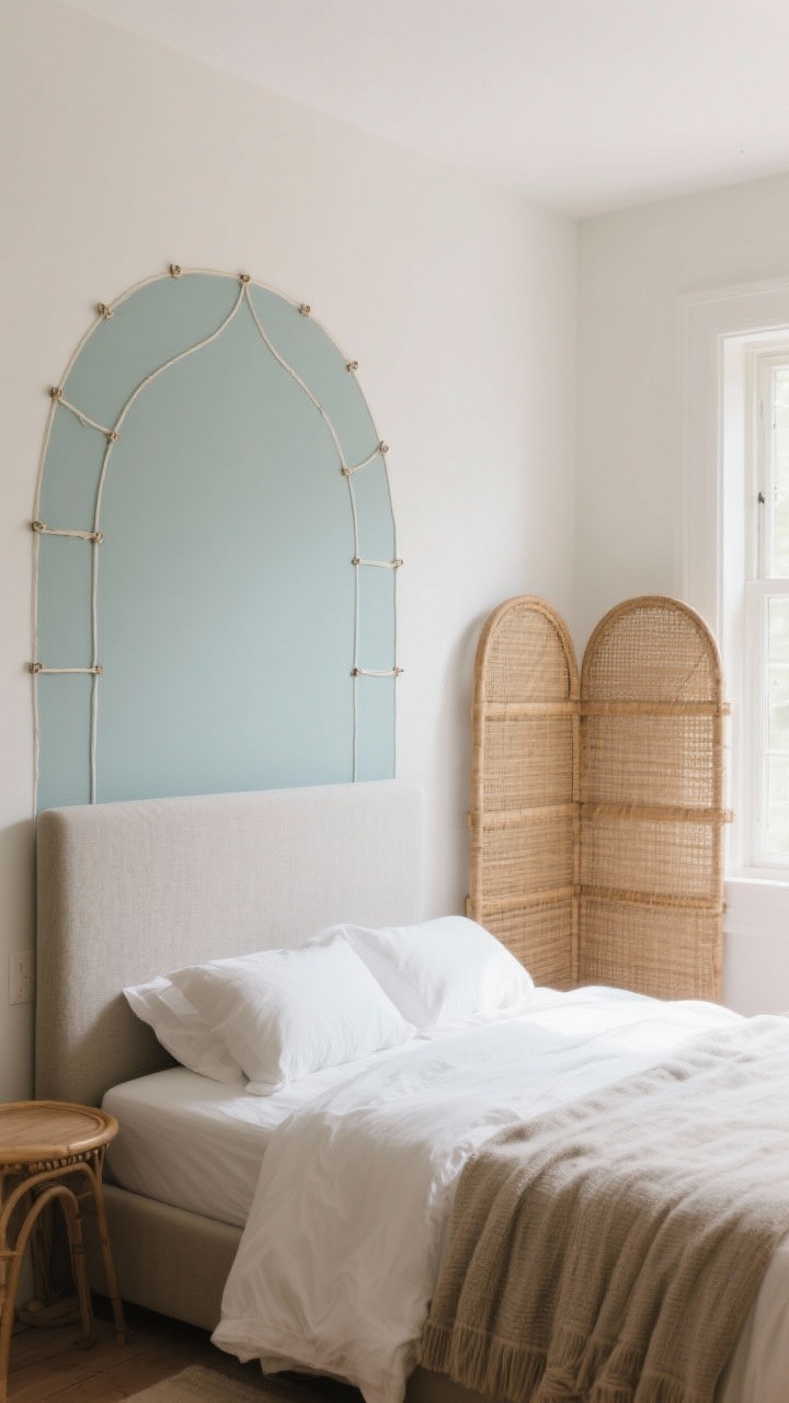 Wide shot: A bedroom featuring a DIY statement headboard approach—an elegant painted arch behind the bed drawn with string-and-pencil precision, filled with a contrasting, soothing color; beside the bed, an upholstered foam board headboard panel in tightly woven performance fabric mounted with French cleats; a folded rattan room divider placed behind the bed as an alternative hack; calm, balanced styling, morning light.