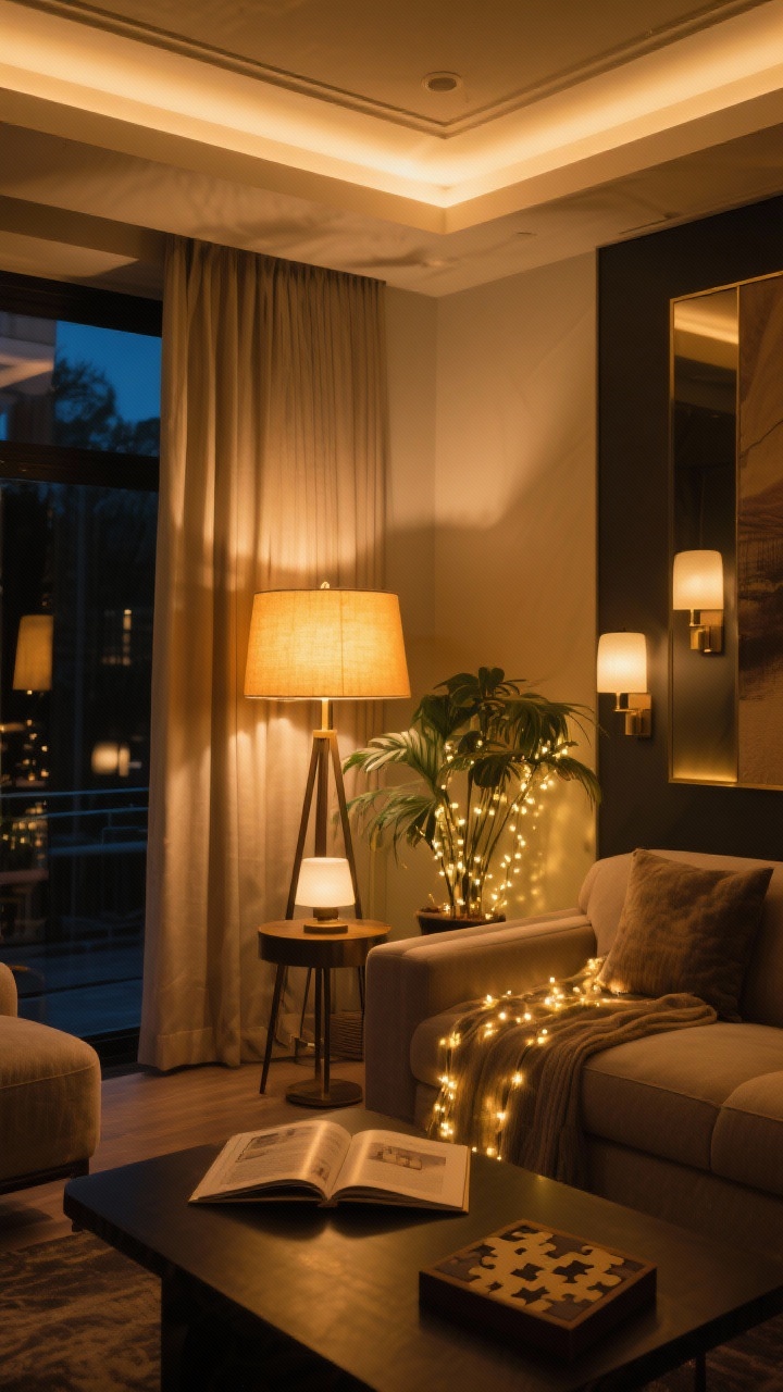 Wide shot: A boutique hotel–inspired living room at night with layered lighting—dimmable ceiling light turned low, a large warm-glow floor lamp providing ambient light, a table lamp beside a sofa for task lighting with an open puzzle book, and fairy lights draped subtly around a plant as accent. Each light on separate switches creates depth and a soft, inviting vibe; no harsh glare, warm golden tones, cozy textiles, and gentle shadows.