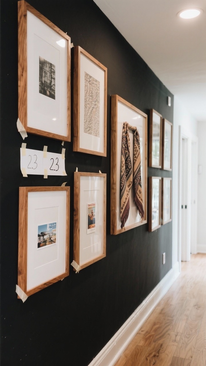 Wide shot: A DIY gallery wall in a hallway with cohesive black and warm wood frames, each with white mats elevating affordable art prints; paper templates still taped beside a few frames showing planned 2–3 inch spacing; some frames hung with Command strips to emphasize renter-friendly install; include one framed vintage scarf and postcards for character; bright indirect light for a polished, high-end look.